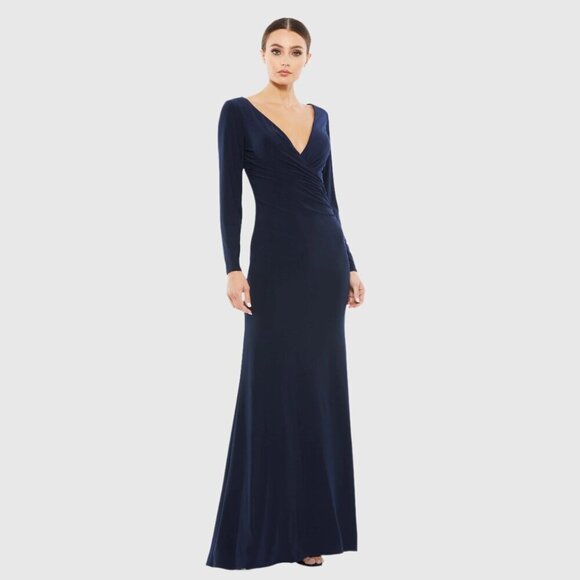 NWT Mac Duggal Long Sleeve Ruched Jersey V-Neck Gown Midnight 2 #8291 - Picture 1 of 8